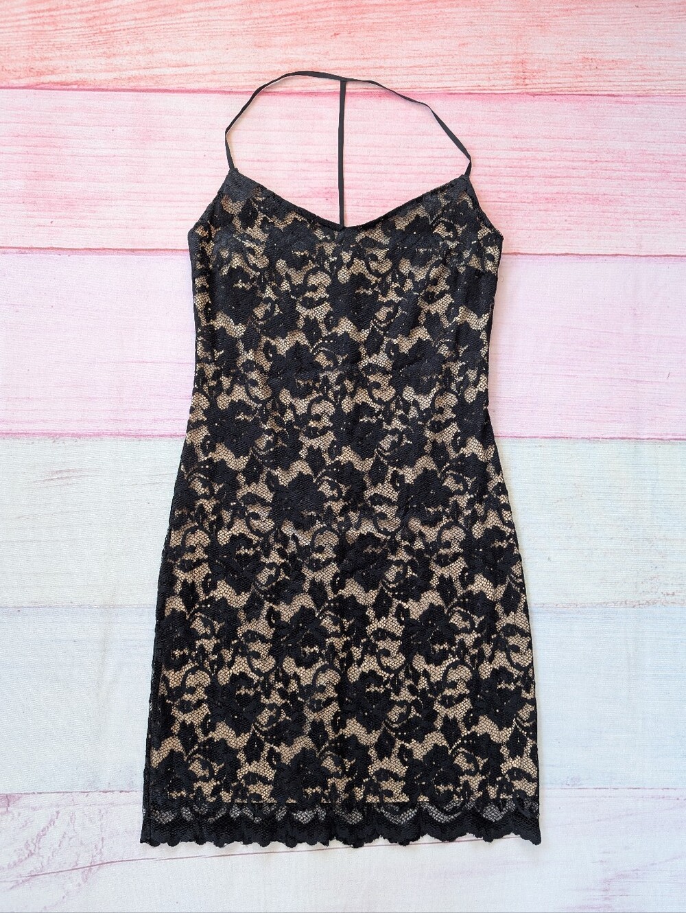 L’Agence Black Lace Nude Lined Spaghetti Strap Cocktail Mini Dress XS‎